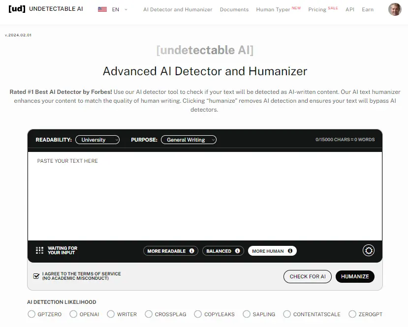 Undetectable AI: 规避人工智能检测的内容生成工具-网站界面